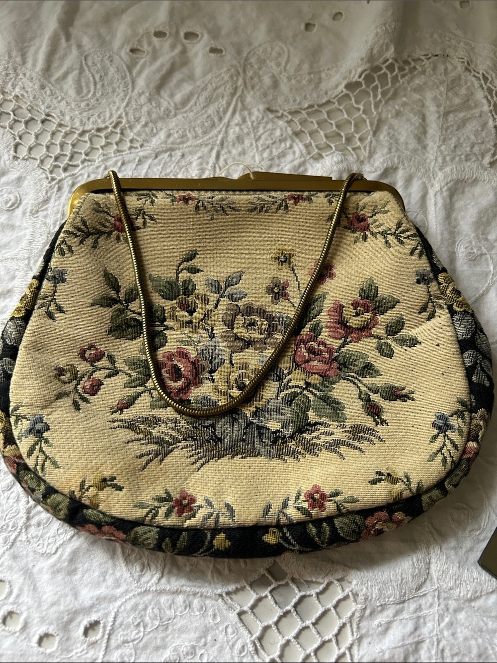 Antique Cream Floral Tapestry Clutch with Gold Chain